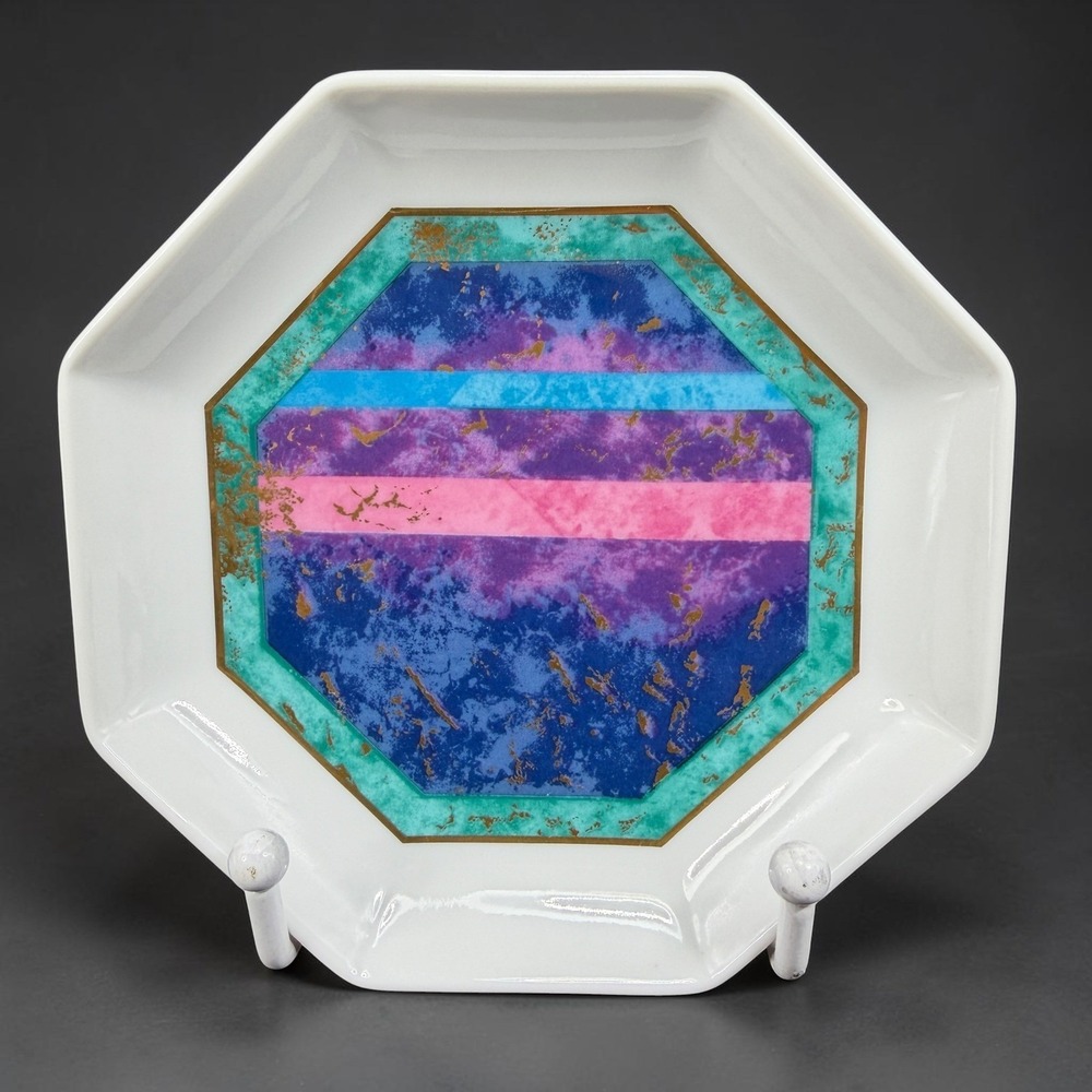 Andre Richard Jeweled Marble Trinket Dish Octagon Porcelain Japan Purple Teal